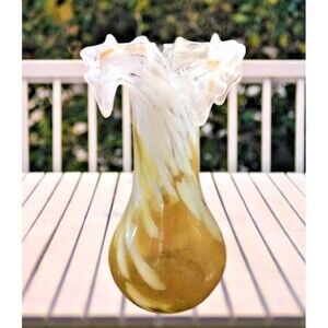 Vintage Blown Glass  Vase Yellow and White Clear Swirl Crimped & Ruffled Edge